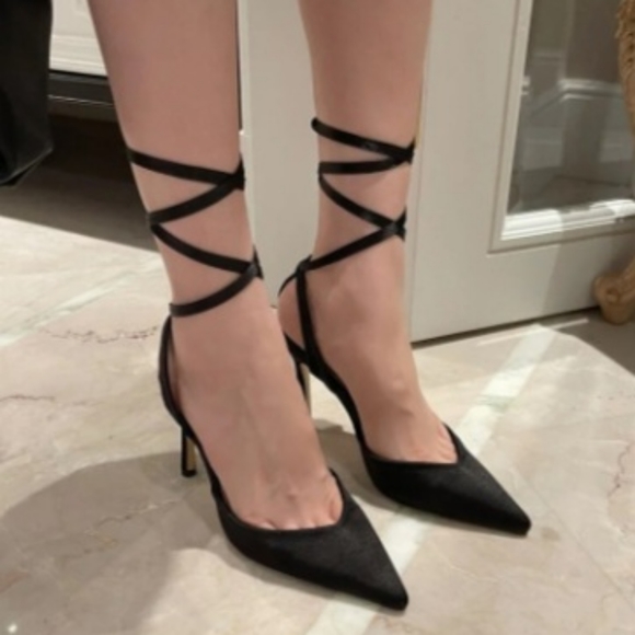 Black Party Shoes for Women with pointed toe and lace-up open heel - Picture 2 of 4